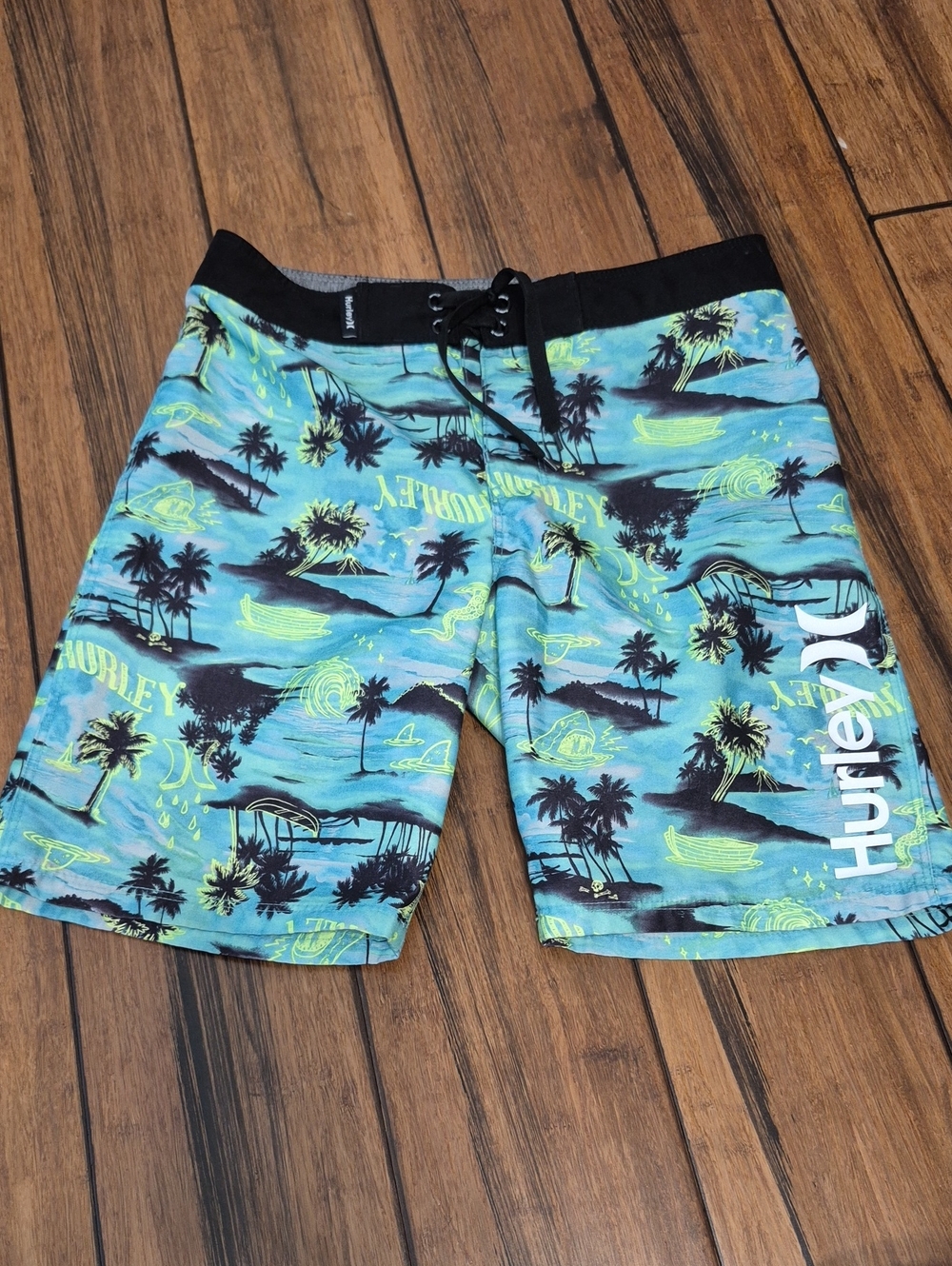 HURLEY Boys Aqua and Black Tropical Board Shorts with Neon Yellow Accents
